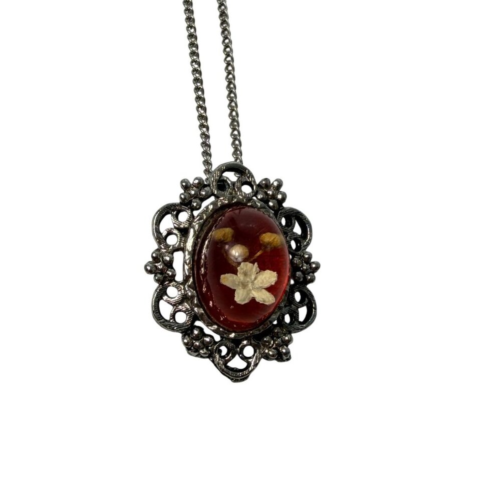 Vintage Floral Pendant Necklace Pressed Flowers in Glass Silver-Tone Filigree - Picture 5 of 5